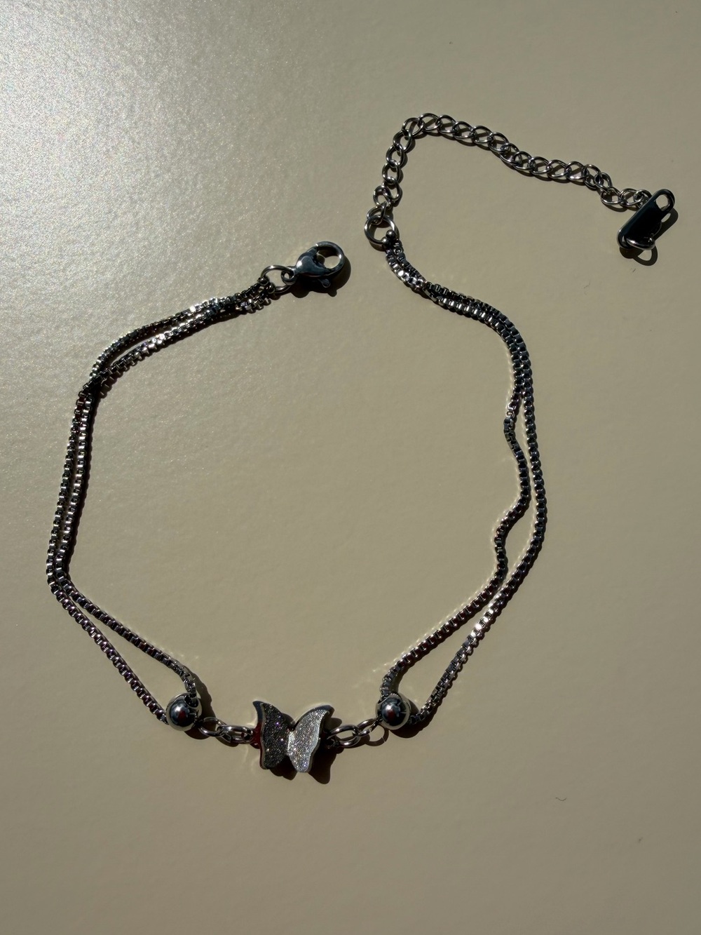 Silver Butterfly Double Chain Anklet- Stainless Steel